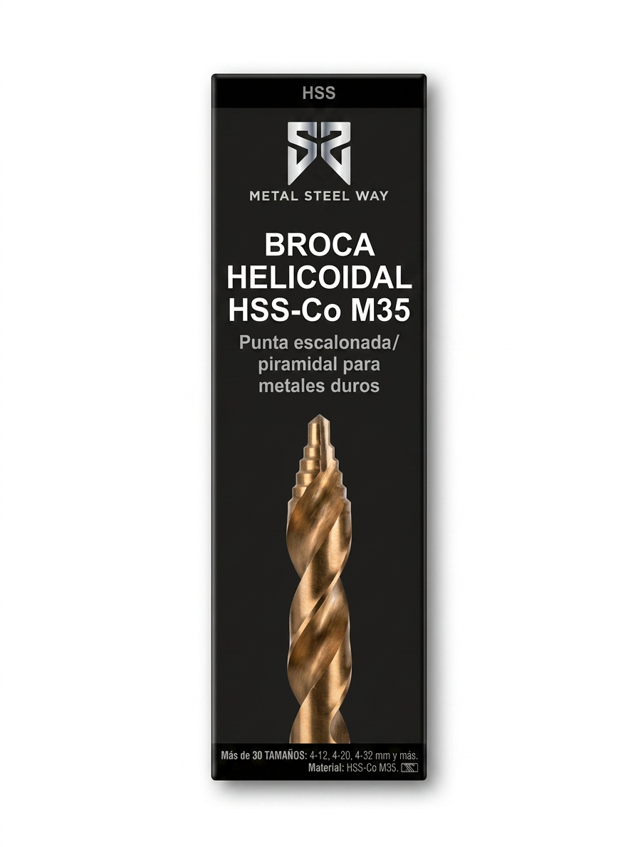 Broca Helicoidal HSS-Co M35 desde 4mm hasta 13mm — Punta Piramidal Escalonada para Metal e Inox