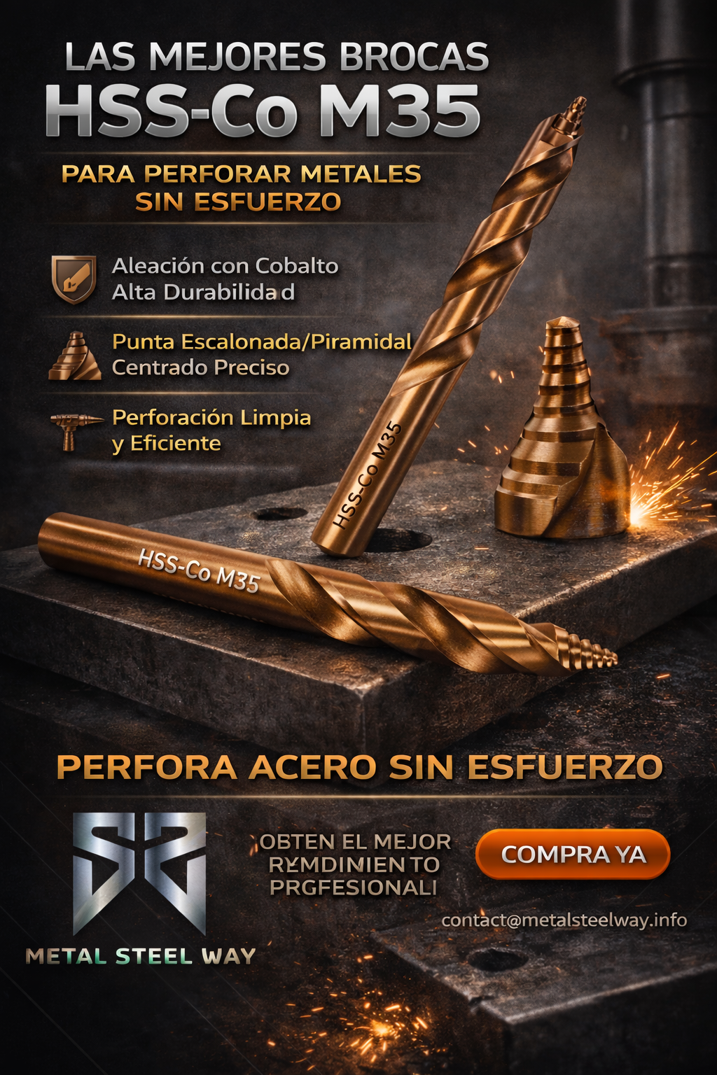 Pack 4 Brocas Premium HSS-Co M35 de punta piramidal escalonada — 6,5mm, 7,5mm, 8,5mm y 9,5mm